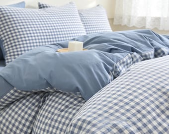 Streamlined Japanese Gingham Duvet Cover Set, Comfortable cotton Duvet Cover Set, Aesthetic Cottagecore Bedding Set, Checkerd Bedding Set