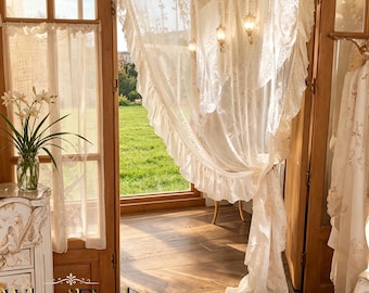 French Vintage Lace Sheer Curtains, Ruffled Floral Embroidery Window Drapes, Breathable Light Filtering Decor,Delicate Pattern And Soft Tone