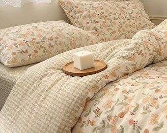 Fresh Ditsy Floral Down Duvet Cover, Flower Ruffle Duvet Cover, Girly Heart Warm Furry Full Comforter, Aesthetics Cottagecore Bedding Set