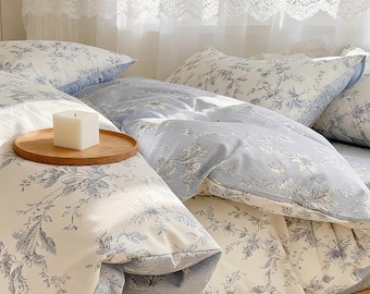 Blue Florals Duvet Cover Set,Soft Fresh Minimalist Pure Cotton Duvet Cover, Cozy Warm Fleece Duvet Cover Set, Aesthetics Cottagecore Bedding