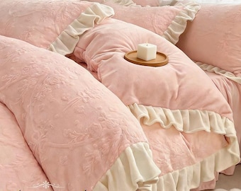 Luxuriously Soft Embossed Milk Velvet Bedding Set, Elegant Textured Duvet Cover Set, Modern Minimalist Embossed Ruffle Bedding, Cozy Bedding