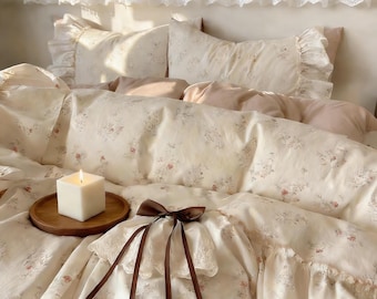 Bow Embellished Duvet Cover Set, French Princess Floral Duvet Cover,  Coquette Lace Cotton Bedding Set, Aesthetics Cottagecore Bedding Set