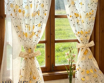 Pastoral Floral Embroidered Double Sheer Curtains, French Cream Style Floral Sheer Curtains, Light Filtering Window Drape, Soft Home Decor