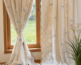 French Style Double Layer Lace Curtains, Romantic Pastoral Sheer Curtain with Bow Accent, Light Filtering Window Drape, Romantic Home Accent
