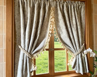 2 panels French Cream Jacquard Curtains, Tassel Trimmed Blackout Window Drapes, Floral Pattern Light Blocking Curtain, Romantic Home Accent