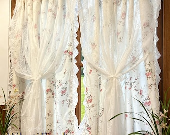 Floral Printed Double-Layer Lace Curtains, Fresh Ruffled Trim Sheer Drapes, Breathable Light Filtering Decor, Delicate Print And Soft Tone