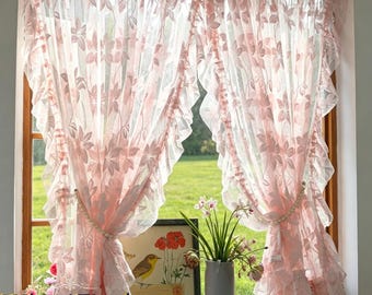 French Cream Floral Embroidered Lace Sheer Curtains, Floral Embroidered Ruffled Window Drapes, Breathable Light Filtering Decor, Cozy Room