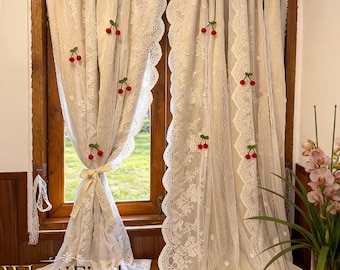 Cherry Embellished Lace Sheer Curtain, French Country Double Layer Curtain, Ruffled Edge Light Filtering Window Drapes, Blackout Curtain Set