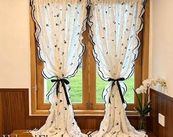 Vintage French Cream Lace Sheer Curtains, Floral Embroidered Ruffled Window Drapes, Breathable Light Filtering Decor, Sweet Cottage Rooms