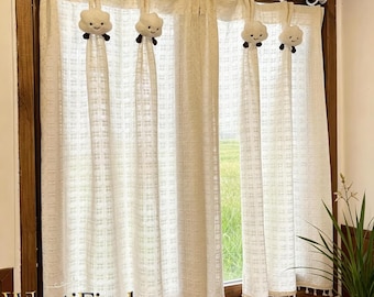 Cute Cloud Tieback Linen Sheer Curtains, Boho Style Small Window Drapes with Tassel Trim, Light Filtering Window Drape, Romantic Home Accent