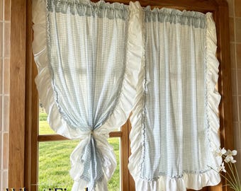 Pastoral Style Blue Checkered Cotton Curtains, White Ruffled Trim Window Panels, Breathable Light Filtering Decor, Airy Cozy Bedroom Spaces