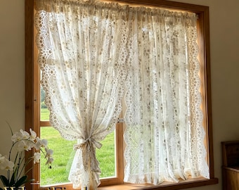 French Cream Floral Embroidered Lace Sheer Curtains, Floral Embroidered Ruffled Window Drapes, Breathable Light Filtering Decor, Cozy Room