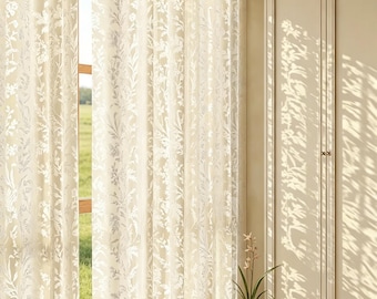 2 panels Pastoral French Lace Sheer Curtains, Botanical Jacquard Light Blocking Window Drape, Light Filtering Window Drape, Soft Home Decor