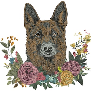 Dog With Flowers Embroidery Design into (dst, exp, hus, pes, vp3, xxx, pdf) 4 Sizes