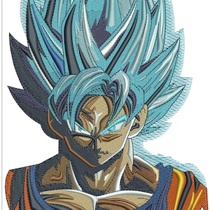 May include: Embroidered image of a character with spiky blue hair and intense blue eyes. The character's skin is tan, and they wear a blue and orange outfit. The image has a detailed, textured appearance, suggesting an embroidery design.