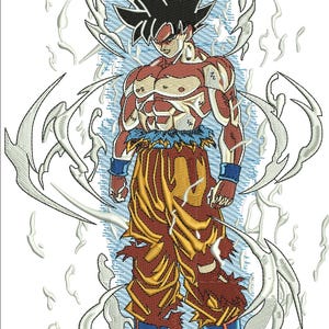 May include: Embroidered image of a muscular anime character in a dynamic pose. The character has spiky black hair, a determined expression, and is clad in torn orange and red clothing with blue accents. White energy swirls surround the figure against a light blue background.