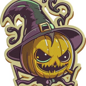 Pumpkin Halloween Embroidery Design into (dst, exp, hus, pes, vp3, xxx, pdf) 4 Sizes