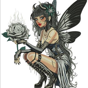 Black Fairy Embroidery Design into (dst, exp, hus, pes, vp3, xxx, pdf) 4 Sizes