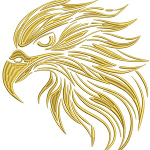 Può includere: Un disegno di testa d'aquila dorata con dettagli intricati. L'opera presenta una rappresentazione stilizzata della testa di un'aquila, con motivi di piume dettagliati e uno sguardo concentrato. Il design è reso in colore oro metallizzato su sfondo bianco.
