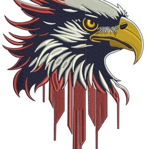 May include: Embroidered design of an eagle's head in navy blue, red, white, and gold. The eagle's eye is yellow, and the beak is gold. The design features red and white accents on the feathers and a red, vertical stripe pattern below the head.