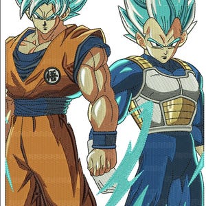 Può includere: Immagine ricamata con due personaggi anime con capelli blu a punta. Uno indossa un completo arancione e blu, l'altro un abito blu e argento. Entrambi hanno espressioni determinate, con accenti di fulmini.