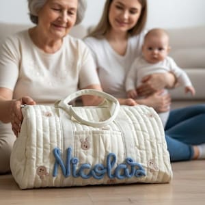 Puede incluir: Bolso de bebé acolchado de color crema con el nombre "Nicolas" en azul y detalles de ositos de peluche bordados. El bolso tiene un asa superior y forma rectangular. El bolso está sobre un suelo de madera.