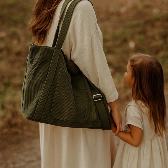 Women Everyday Fabric Tote Bag - Big Casual Custom Name Handbag - Notebook Size Sholder Crossbag - New Mommy Kids Essential Items Holder