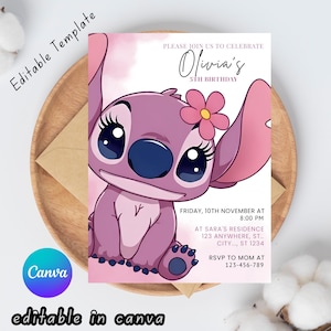 Puede incluir: Invitaci&oacute;n de cumplea&ntilde;os rosa y blanca con un personaje de dibujos animados con grandes ojos azules y una flor. La invitaci&oacute;n incluye el texto "Olivia's 5th Birthday" y detalles de la fiesta. El logotipo de Canva y "editable in canva" tambi&eacute;n son visibles.