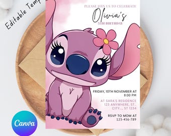 Stitch och ängel födelsedagsinbjudan, redigerbar ängelfödelsedagsinbjudan, digital festinbjudan, utskrivbar ängelfödelsedagsfestinbjudan