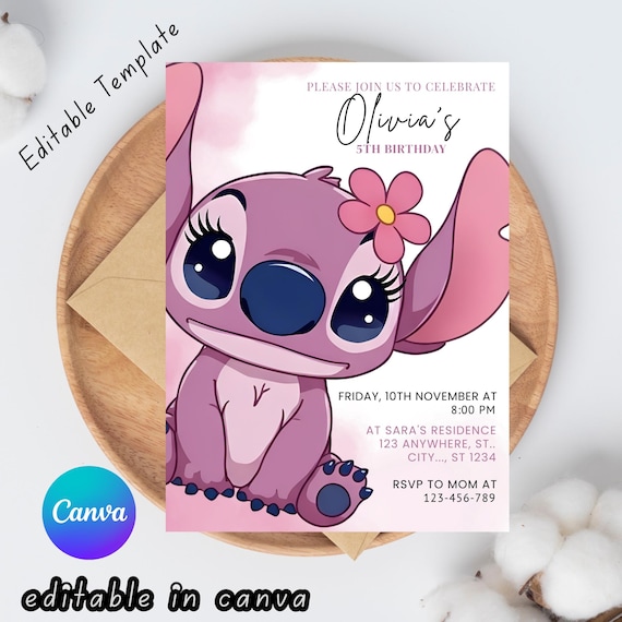 Stitch and Angel Birthday Invitation, Editable Angel Birthday Invitation, Digital Party Invite, Angel Birthday Party Invitation Printable