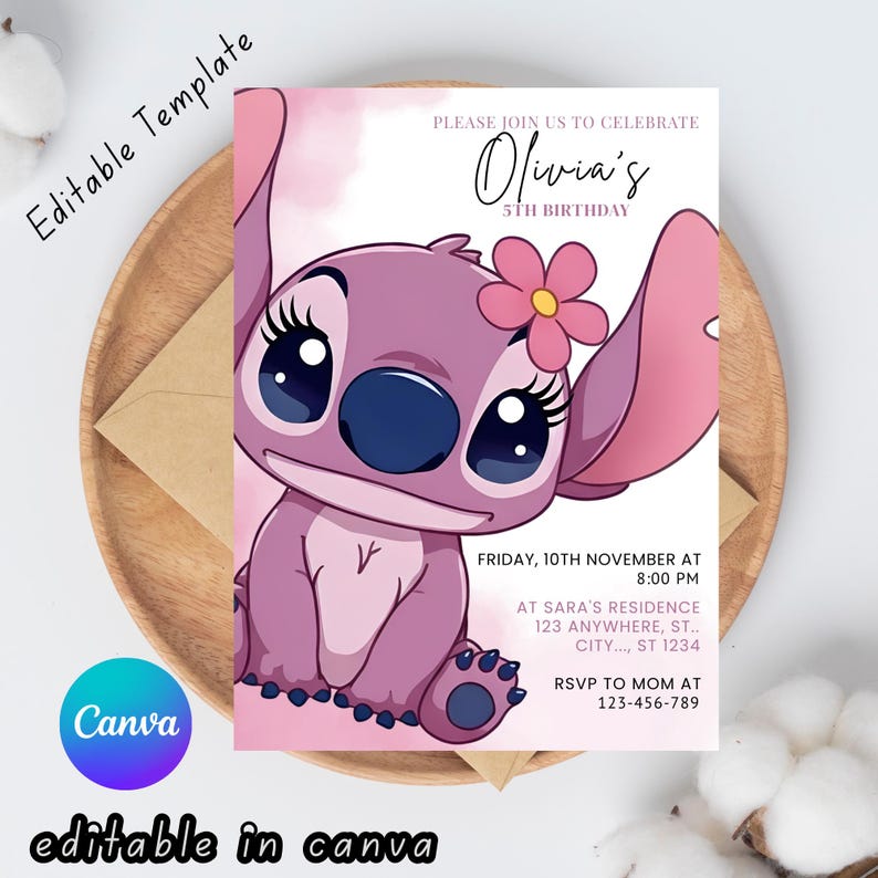 Puede incluir: Invitaci&oacute;n de cumplea&ntilde;os rosa y blanca con un personaje de dibujos animados con grandes ojos azules y una flor. La invitaci&oacute;n incluye el texto "Olivia's 5th Birthday" y detalles de la fiesta. El logotipo de Canva y "editable in canva" tambi&eacute;n son visibles.