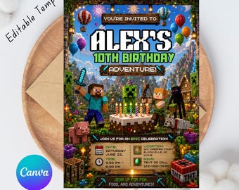 Pixel Block-födelsedagsinbjudan | Äventyrsfestinbjudan | Canva-mall för barn (digital nedladdning)