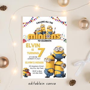 Minions redigerbar födelsedagsinbjudan Canva-mall, gul besättning födelsedagsinbjudan, digital nedladdning, bild 4