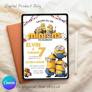Minions redigerbar födelsedagsinbjudan Canva-mall, gul besättning födelsedagsinbjudan, digital nedladdning, bild 5