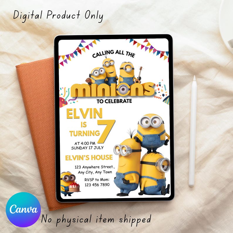 Minions redigerbar födelsedagsinbjudan Canva-mall, gul besättning födelsedagsinbjudan, digital nedladdning, bild 5