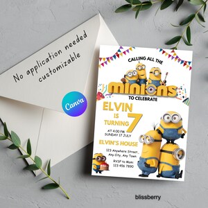 Minions redigerbar födelsedagsinbjudan Canva-mall, gul besättning födelsedagsinbjudan, digital nedladdning, bild 3