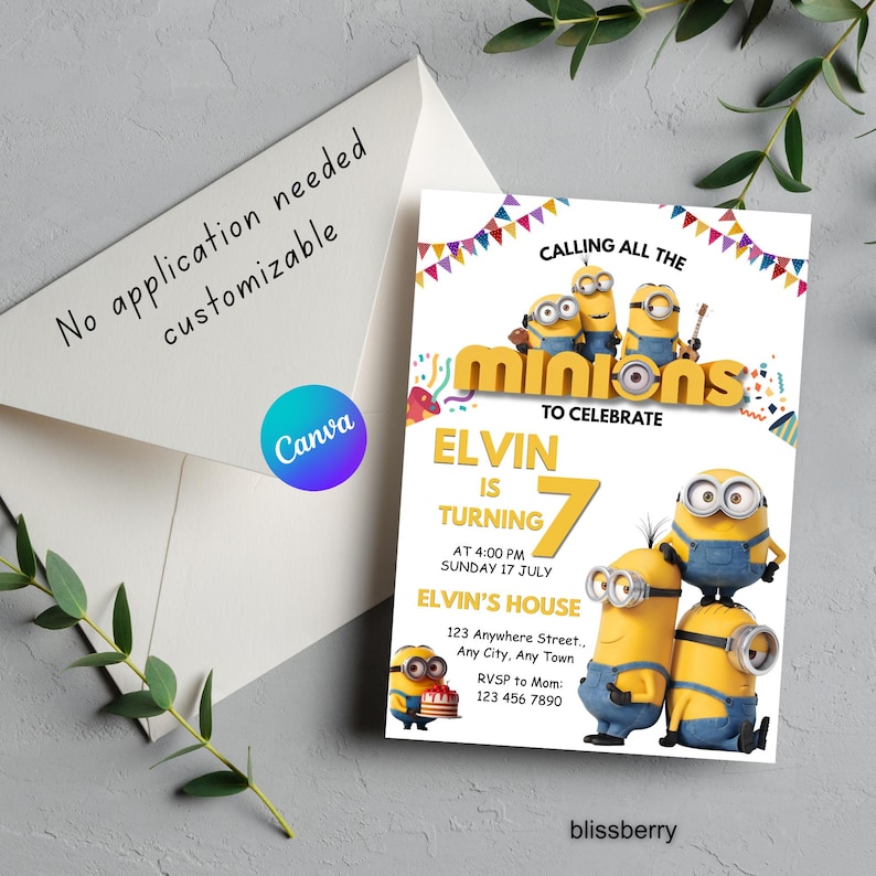 Minions redigerbar födelsedagsinbjudan Canva-mall, gul besättning födelsedagsinbjudan, digital nedladdning, bild 3