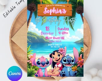 Invitación de cumpleaños editable de Angel y Stitch, plantilla imprimible, invitación para fiesta de cumpleaños de Lilo y Stitch, plantilla de Canva, descarga instantánea