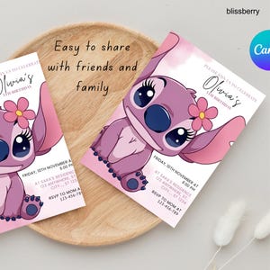 Puede incluir: Dos invitaciones de cumplea&ntilde;os rosas con un personaje de dibujos animados con grandes ojos azules y una flor. Las invitaciones incluyen el texto "Olivia's 5th Birthday" y los detalles del evento. Tambi&eacute;n se ve la frase "Easy to share with friends and family".