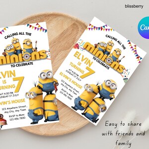 Minions redigerbar födelsedagsinbjudan Canva-mall, gul besättning födelsedagsinbjudan, digital nedladdning, bild 2