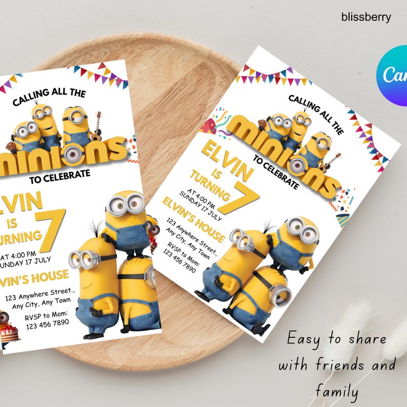 Minions redigerbar födelsedagsinbjudan Canva-mall, gul besättning födelsedagsinbjudan, digital nedladdning, bild 2