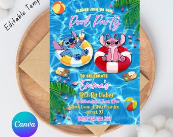 Invitación de cumpleaños con temática de fiesta en la piscina de Stitch y Angel / Plantilla editable de Canva