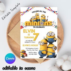 Pode incluir: Um convite de aniversário com personagens dos Minions. O convite inclui o texto "Calling All The Minions To Celebrate" e "Elvin is Turning 7". O design é amarelo, azul e branco, com o texto "Editable Template" e "editable in canva".