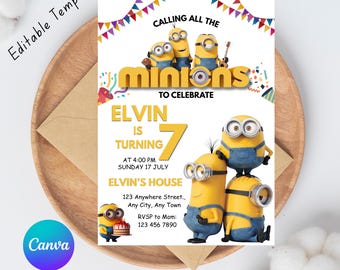 Plantilla editable de Canva para invitación de cumpleaños de Minions, invitación de cumpleaños del equipo amarillo, descarga digital,