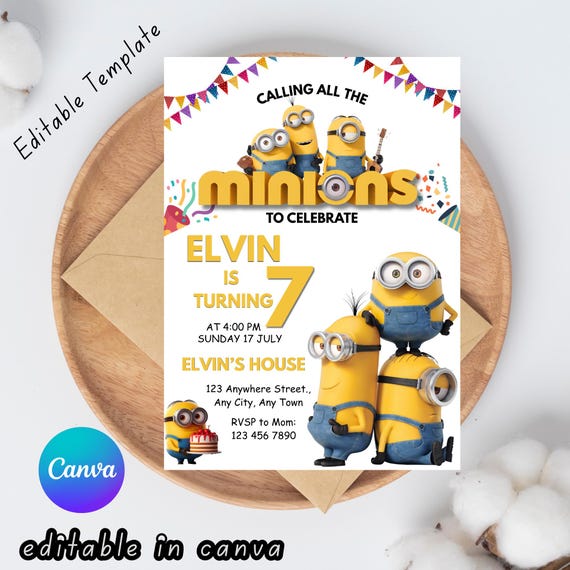 Minions Editable Birthday Invitation Canva Template, Yellow Crew Bday Invite, Digital Download,