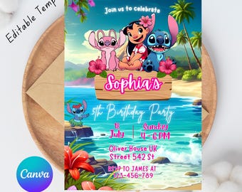 Invitación de cumpleaños de Stitch y Lilo, plantilla editable de Canva, invitación para fiesta infantil (descarga digital)