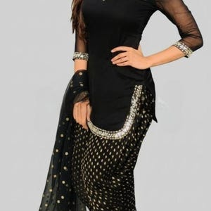 Chic Black & Gold Punjabi Suit | Fitted Kurta with Printed Cigarette dhoti | FREE Earrings!