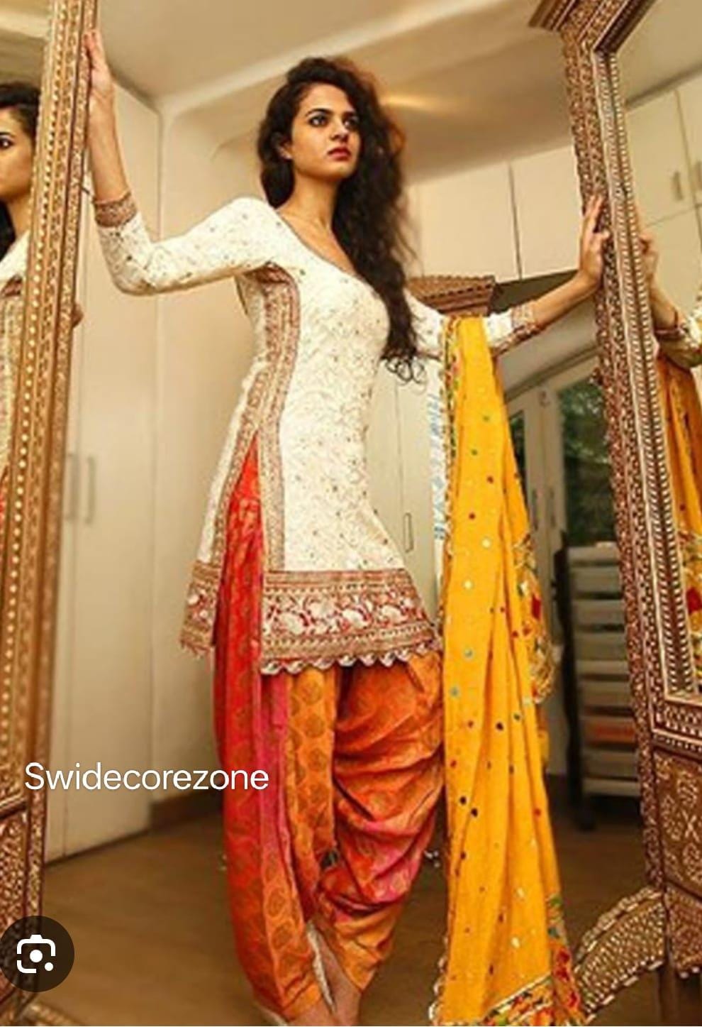 Custom Handmade Punjabi Patiala Salwar Suit Off-White Embroidered Kurta, Orange Salwar, Yellow Dupatta