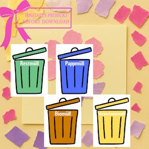 May include: A digital product graphic featuring four illustrated trash bins labeled "Restmüll", "Pappmüll", "Biomüll", and "Verpackungsmüll". The bins are green, blue, orange, and yellow, respectively, with black outlines. The image includes text that says "DIGITALES PRODUKT SOFORT DOWNLOAD".