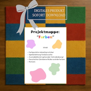 Puede incluir: Un producto digital educativo colorido titulado "Colores" con un lazo. El producto incluye puntos de color, un juego, páginas para colorear, una historia y notas. El fondo es una alfombra multicolor.